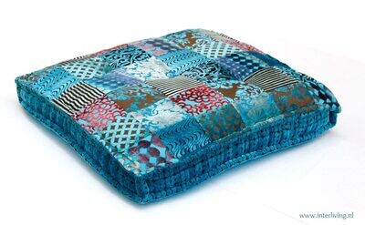 vloerkussen aqua blauw tinten velvet patchwork / prints van fluweel