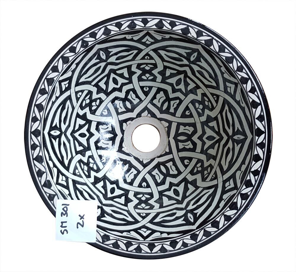 Marokkaanse waskom "Fonteinkom Fez" zwart wit - "SM301" - rond model - aardewerk (opbouw) wasbak Ø 30 cm