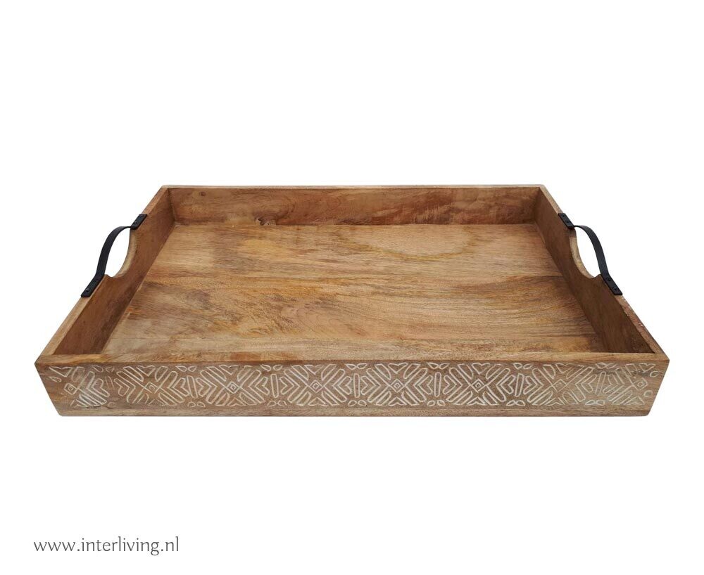 mangohouten dienblad - Ibiza / aztec stijl - 58 x 37 cm met ijzeren handvaatjes