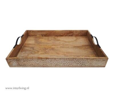 mangohouten dienblad - Ibiza / aztec stijl - 58 x 37 cm met ijzeren handvaatjes