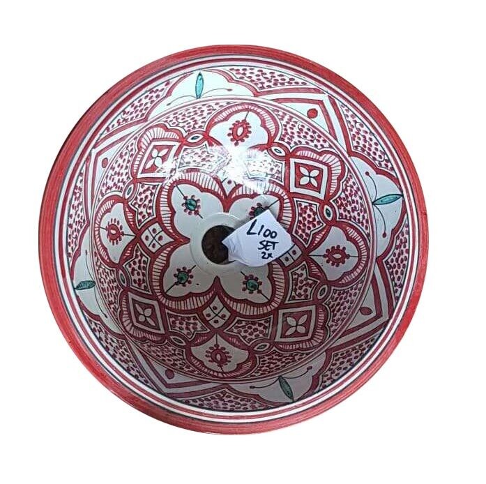 Marokkaanse waskom "Fonteinkom Fez" met warm rood geschilderde patronen op wit "L100" - groot rond model van aardewerk (opbouw) wasbak Ø 40 cm