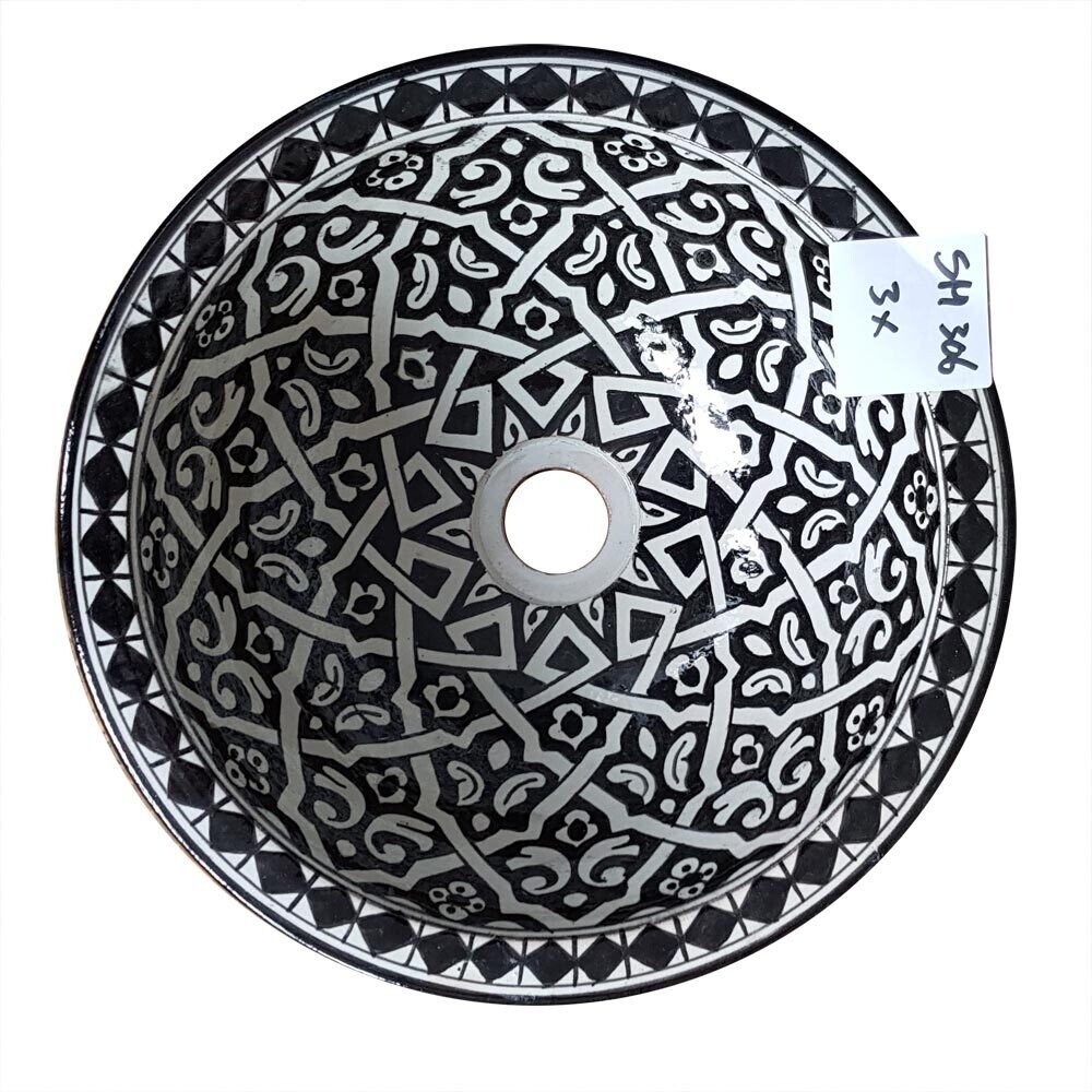 Marokkaanse waskom "Fonteinkom Fez" - zwart / wit - "SM306" - rond model - aardewerk (opbouw) wasbak Ø 30 cm