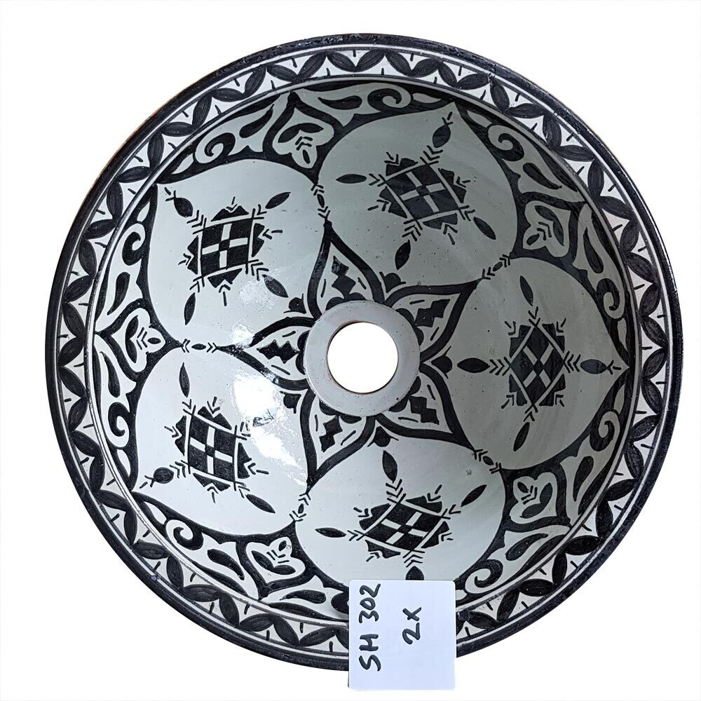 Marokkaanse waskom "Fonteinkom Fez" - zwart / wit - "SM302" - rond model - aardewerk (opbouw) wasbak Ø 30 cm