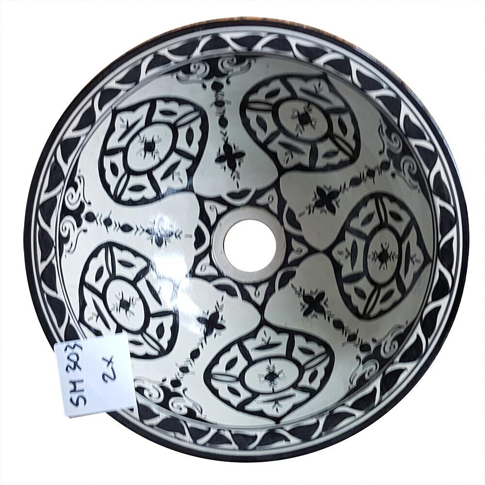 Marokkaanse waskom "Fonteinkom Fez" - zwart / wit - "SM303" - rond model - aardewerk (opbouw) wasbak Ø 30 cm