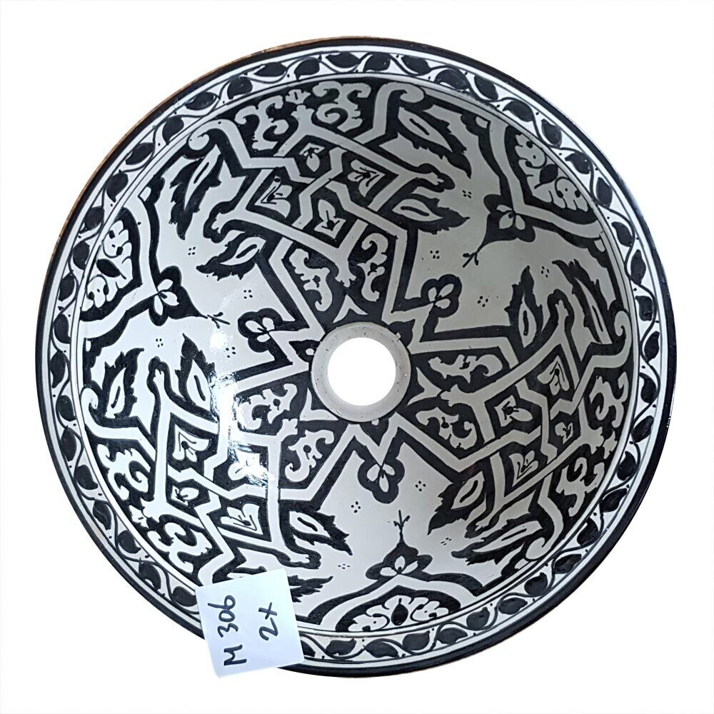 Marokkaanse waskom "M306"- aardewerk (opbouw) wasbak uit Fez - Ø 35 cm met zwart wit motief