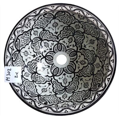 Marokkaanse waskom "M302"- aardewerk (opbouw) wasbak uit Fez - Ø 35 cm met zwart wit motief