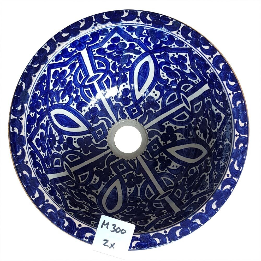 Marokkaanse waskom "M300"- aardewerk (opbouw) wasbak uit Fez - Ø 35 cm - helder blauw motief