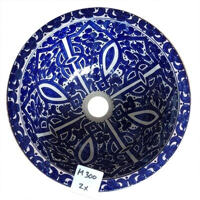 Marokkaanse waskom &quot;M300&quot;- aardewerk (opbouw) wasbak uit Fez - Ø 35 cm - helder blauw motief