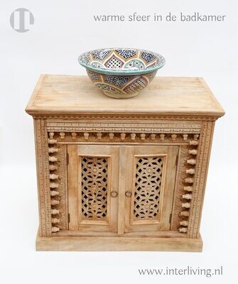 Indiase lage kast - twee deurs - houtsnijwerk "Jodhpur" uit India 80x80x40 cm