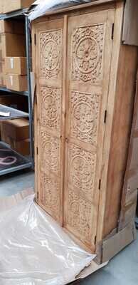 Ibiza kast van hout met lotus houtsnijwerk uit India  - 180 cm hoog -  8 panelen met houtsnijwerk - white washed finish met 2 deuren