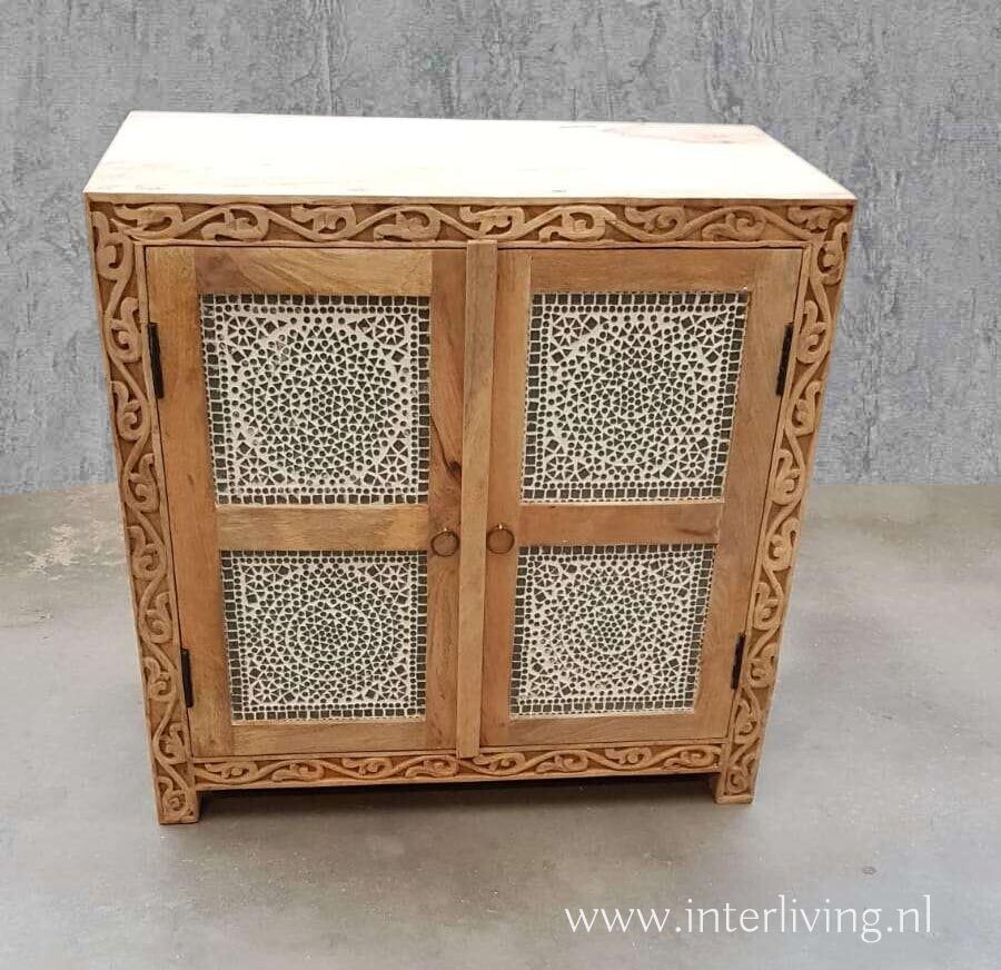 2 deurs kast  - naturel mangohout - met transparante mozaïek panelen