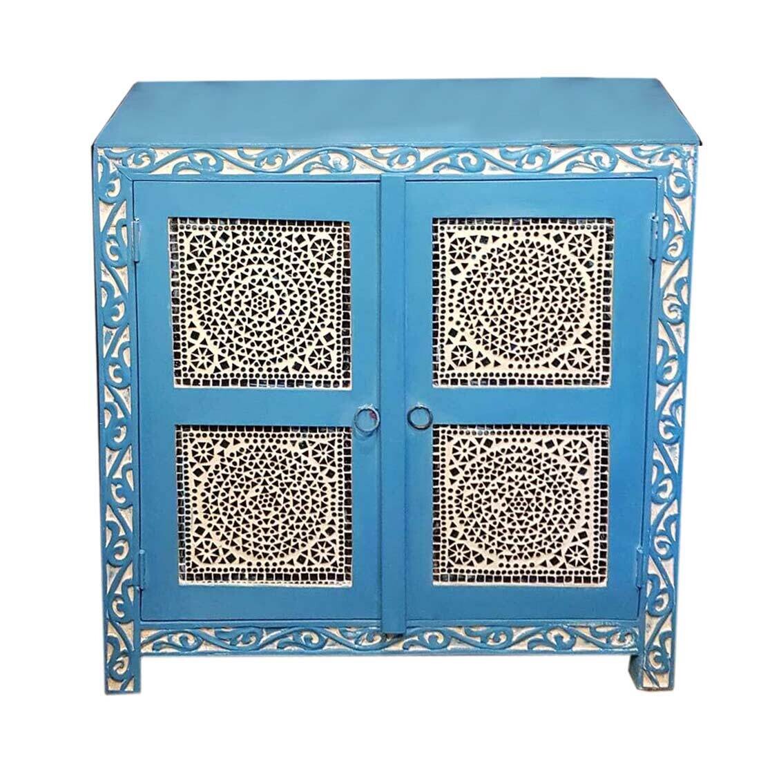 Dressoir aqua blue washed mangohout met lotus houtsnijwerk 76 x 76 x 40 cm