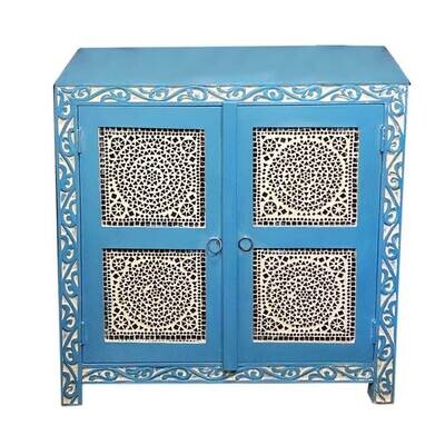 Dressoir aqua blue washed mangohout met lotus houtsnijwerk 76 x 76 x 40 cm