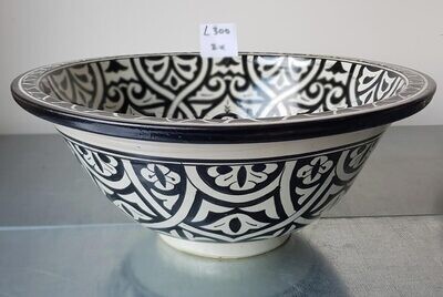 Marokkaanse waskom "Tanazur" - L300 -  handgemaakte aardewerk (opbouw) wasbak uit Fez - Ø 40 cm - handbeschilderd met monochroom zwart motief