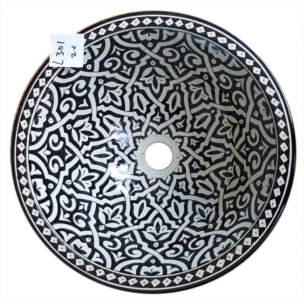 Marokkaanse waskom &quot;Zuhur&quot; - L301 -  handgemaakte aardewerk (opbouw) wasbak uit Fez - Ø 40 cm - handbeschilderd met monochroom zwart motief