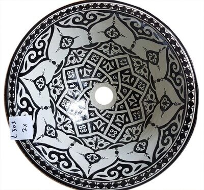 Marokkaanse waskom "Tanmu" - L303-  handgemaakte aardewerk (opbouw) wasbak uit Fez - Ø 40 cm - handbeschilderd met monochroom zwart motief