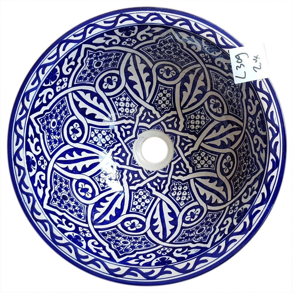 Marokkaanse waskom "Fonteinkom Fez" met inkt blauw geschilderde patronen op wit "L309" - groot rond model van aardewerk (opbouw) wasbak Ø 40 cm