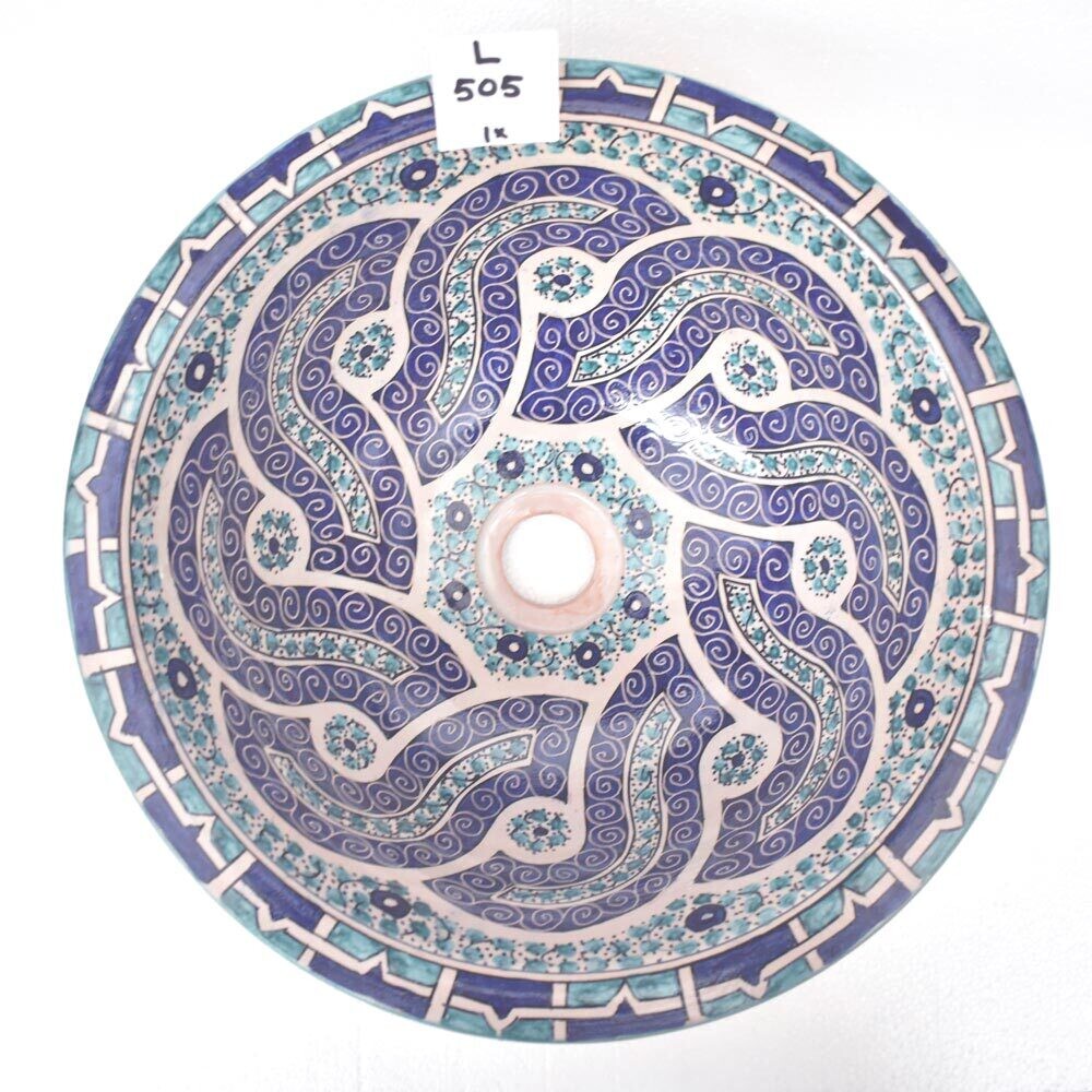 Marokkaanse waskom "Jadila" - blauw met groene tinten  L505- aardewerk (opbouw) wasbak uit Fez - Ø 40 cm