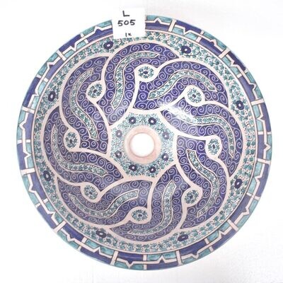 Marokkaanse waskom &quot;Jadila&quot; - blauw met groene tinten  L505- aardewerk (opbouw) wasbak uit Fez - Ø 40 cm