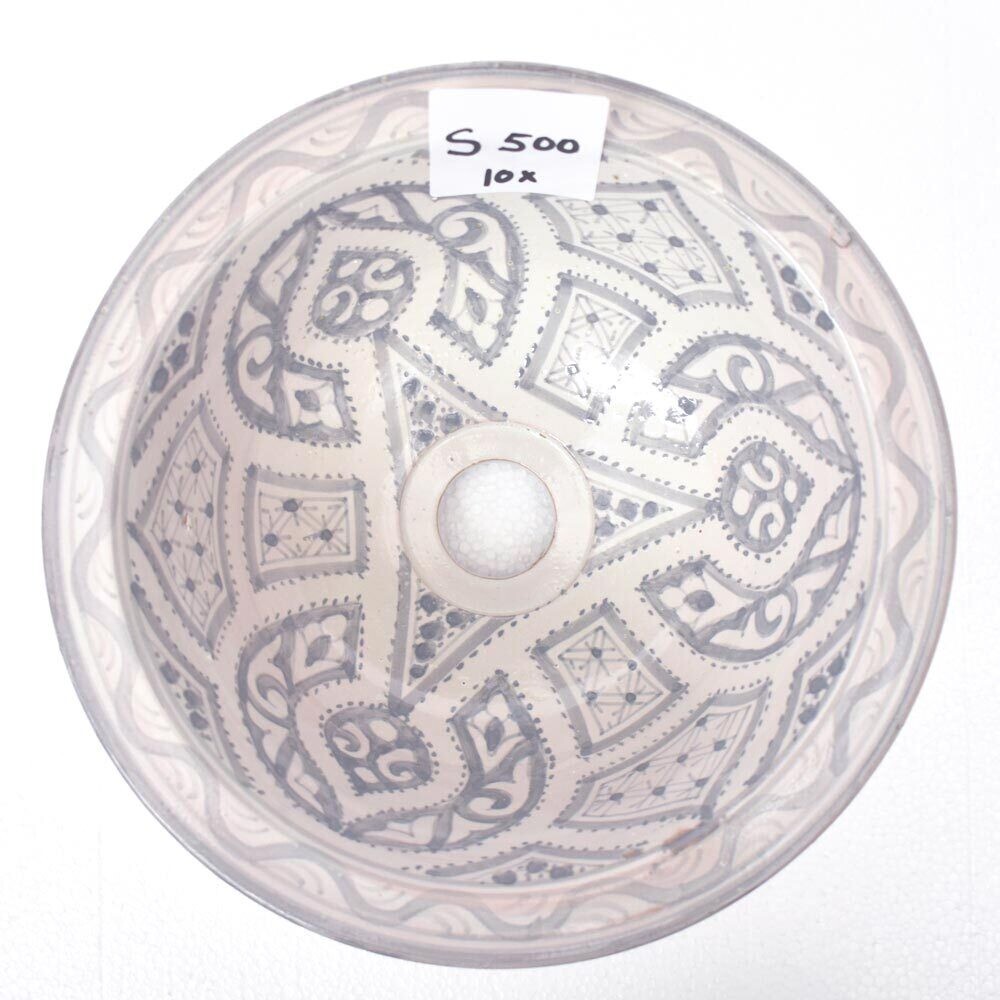 Marokkaanse waskom "Boho grey" zacht grijze pasteltinten - "S500" - klein rond model - aardewerk (opbouw) wasbak Ø 25 cm