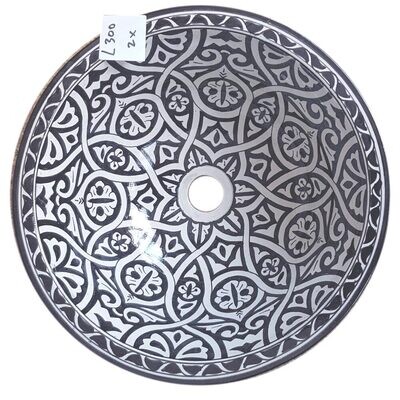 Marokkaanse waskom "Tanazur" - L300 -  handgemaakte aardewerk (opbouw) wasbak uit Fez - Ø 40 cm - handbeschilderd met monochroom zwart motief
