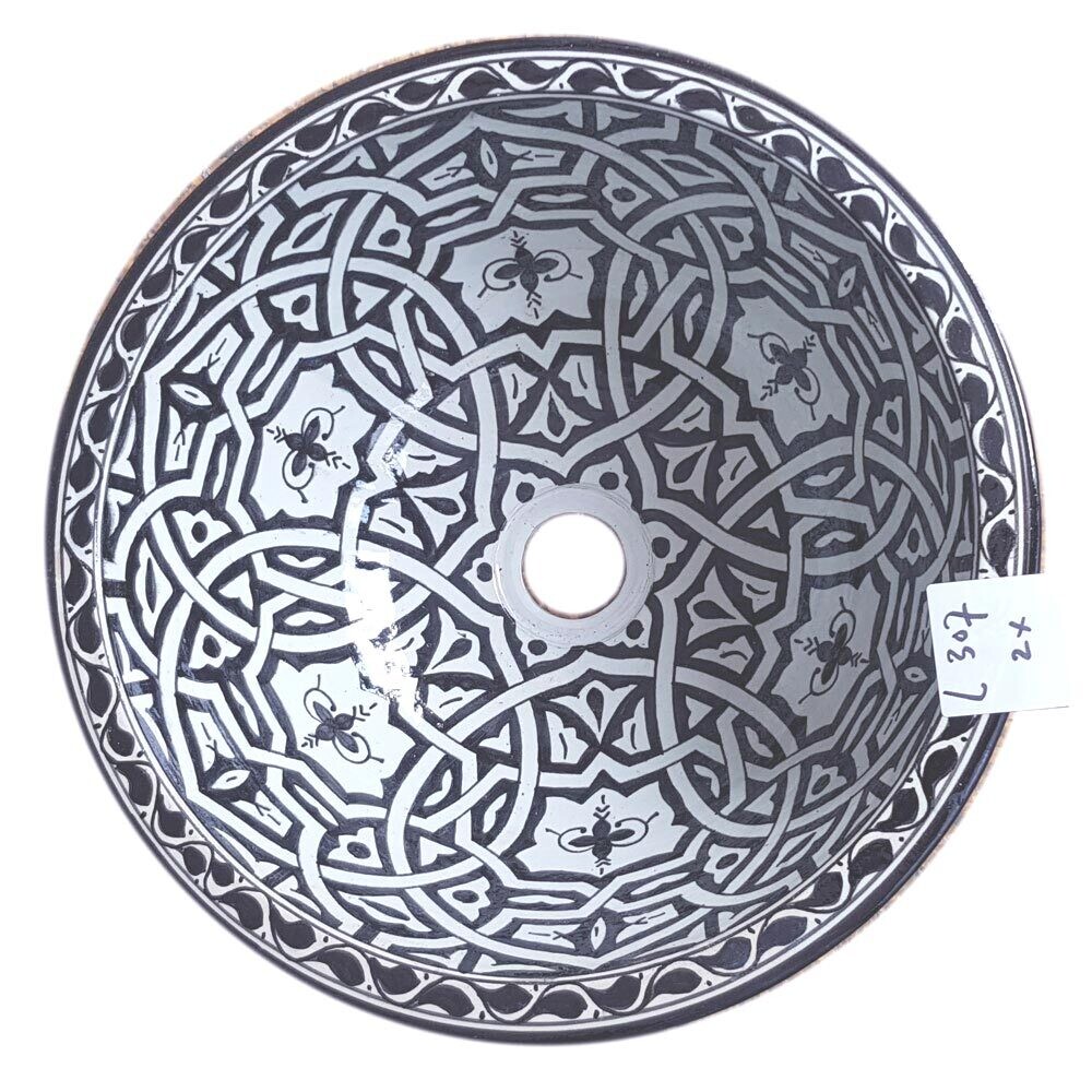Marokkaanse waskom "Wahda" - L307 -  handgemaakte aardewerk (opbouw) wasbak uit Fez - Ø 40 cm - handbeschilderd met monochroom zwart motief