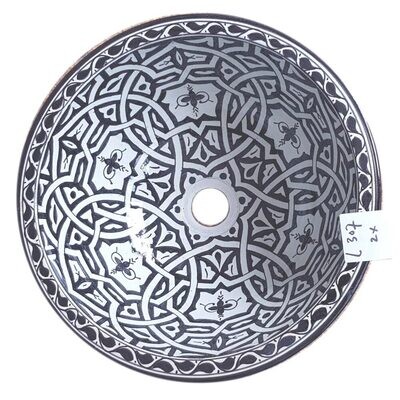 Marokkaanse waskom "Wahda" - L307 -  handgemaakte aardewerk (opbouw) wasbak uit Fez - Ø 40 cm - handbeschilderd met monochroom zwart motief