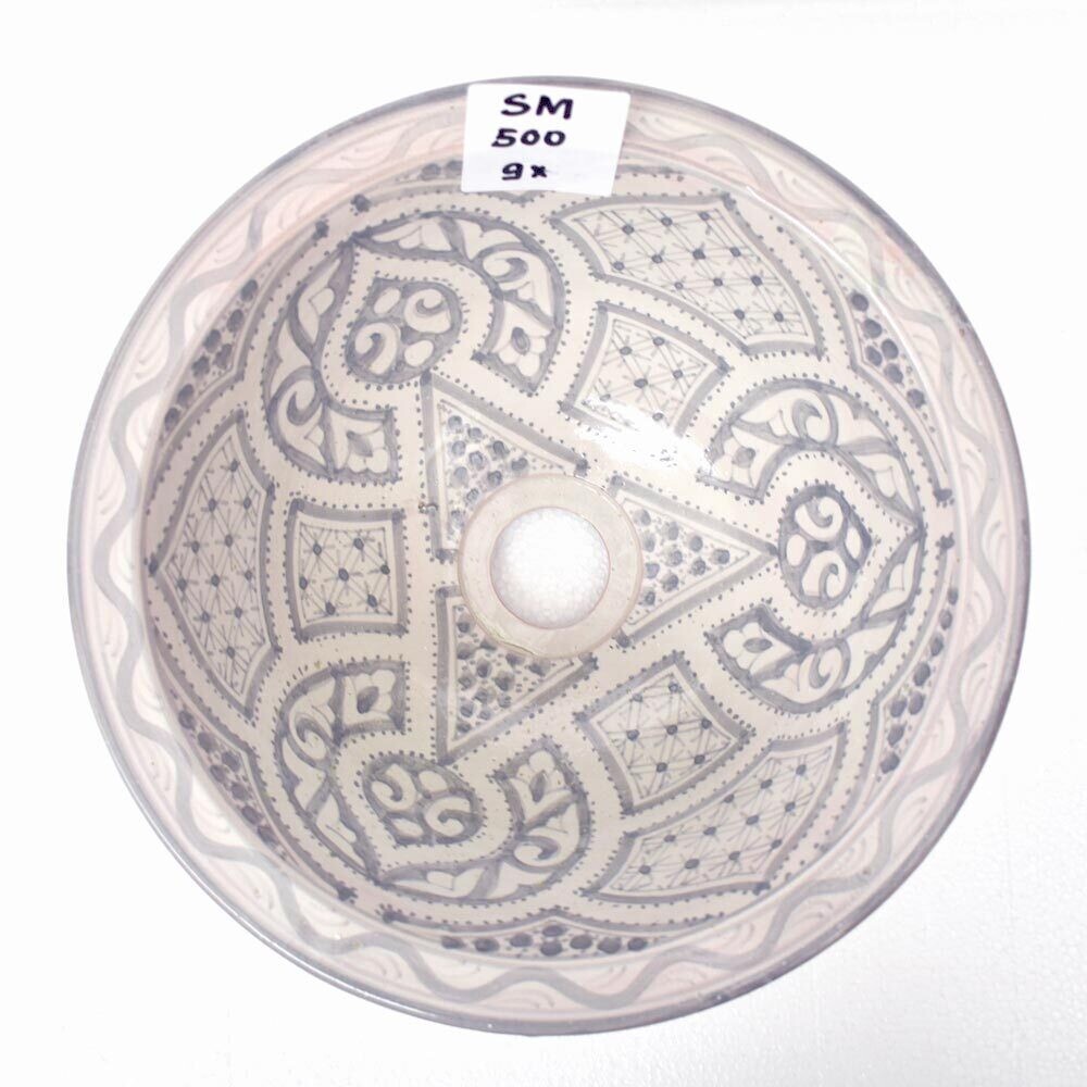 Marokkaanse waskom "Boho grey" zacht grijze pasteltinten - "SM500" - klein rond model - aardewerk (opbouw) wasbak Ø 30 cm