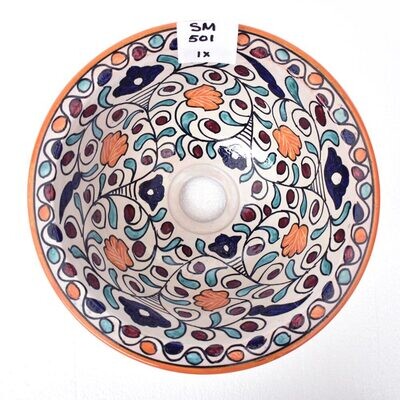 Marokkaanse waskom "Fonteinkom Fez" oranje gebloemd - "SM501" - rond model - aardewerk (opbouw) wasbak Ø 30 cm
