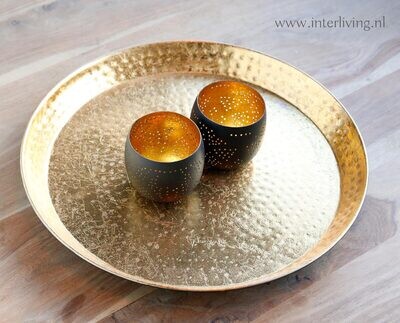 cadeauset: oriëntaals dienblad met twee waxinehouders: wit/goud, zwart/goud, koper of zilver