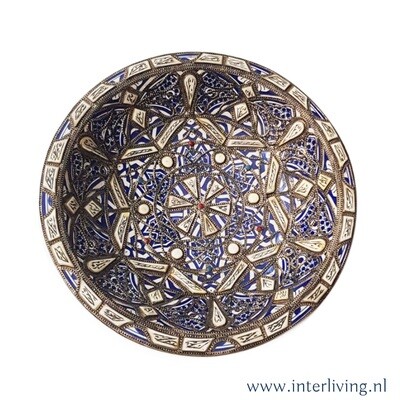 Arabisch bohemian muur deco - XL Bord Ø 50 cm - traditioneel handgemaakt vintage Marokkaans aardewerk - muur of wand decor met verzilverd sierwerk & kamelen bot