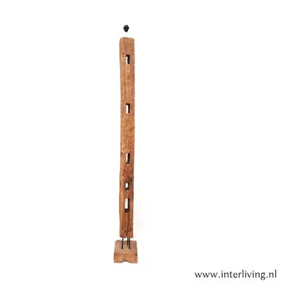 lampenvoet robuust - oud teak hout (spoorbielzen) met zwart metaal - stoer &amp; industrieel design - stoere woonstijl