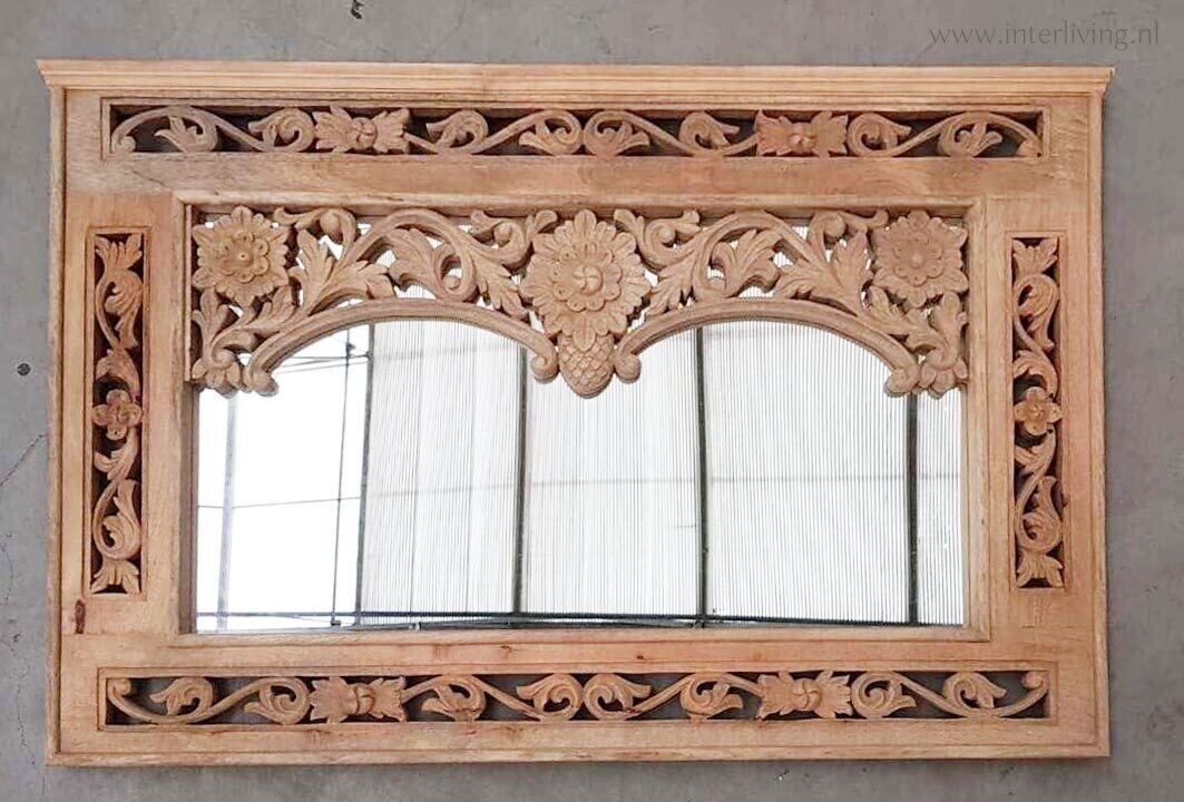 houten spiegel oosters lotus houtsnijwerk - mangohout -  120 cm x 80 cm
