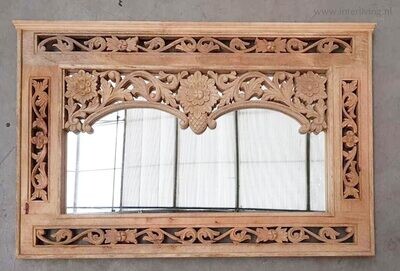 houten spiegel oosters lotus houtsnijwerk - mangohout -  120 cm x 80 cm