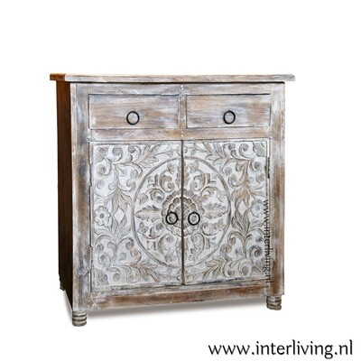 lotus kastje - finish licht antiek &quot;white-wash&quot; - gebleekt houten India kast