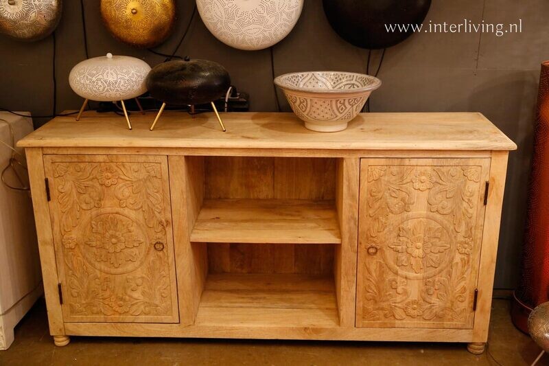 TV kast / Dressoir unfinished mangohout met lotus houtsnijwerk 150*76*40 cm