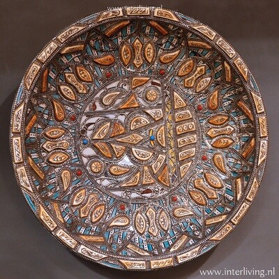 Arabisch bohemian aqua muur deco - XL Bord Ø 50 cm - traditioneel handgemaakt Marokkaans aardewerk - muur of wand decor met verzilverd sierwerk