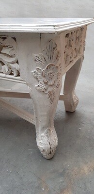 salontafel - white washed &amp; floral patronen - shabby chic design met open houtsnijwerk uit India - rechthoekige tafel - Queen Ann tafelpoten massief hout