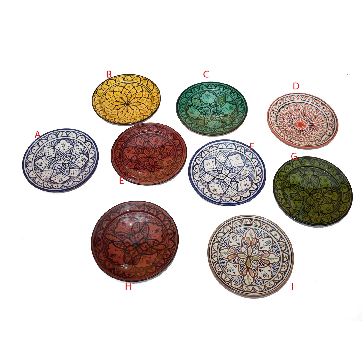 Schaal van Marokkaanse rond aardewerk uit Safi - handgemaakt 35 cm keramiek met handbeschilderde geometrische patronen, letter keuze: schaal / bord A