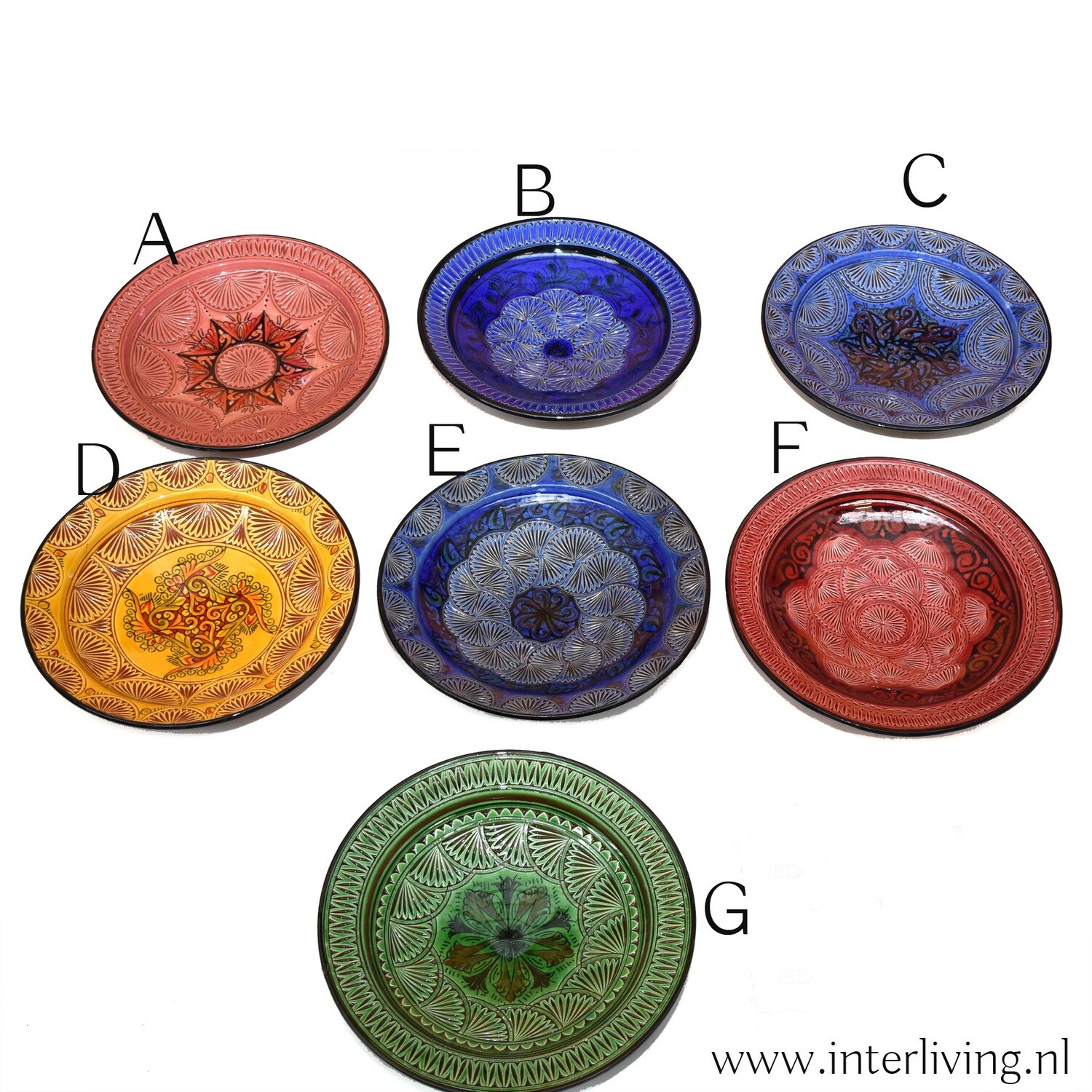 Schaal van Marokkaanse aardewerk - 35 cm rond model op voet -handgemaakt keramiek uit Safi met gegroefde geometrische patronen, letter keuze: schaal / bord A