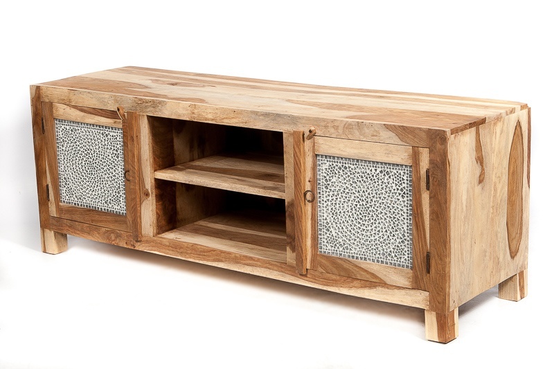 TV kast van sheesamhout unfinished look met transparant glasmozaiek