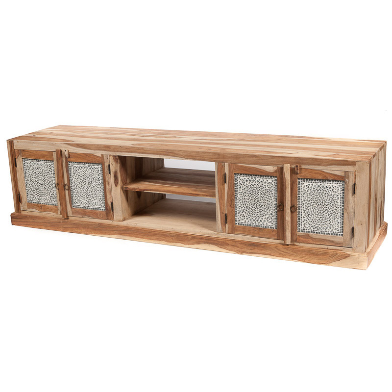 TV kast (205 cm) van sheesamhout unfinished look met transparant glasmozaiek