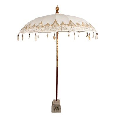 Grote Balinese parasol - Boho buiten styling -  255 x 185 cm - wit met gouden versiering