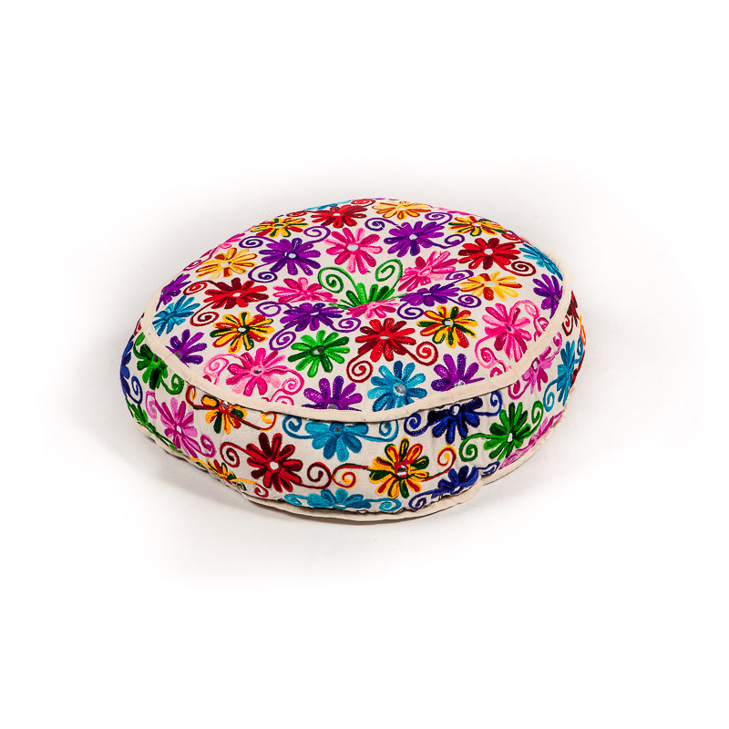ronde poef "Indian flowers" met bloemen borduurwerk multi color