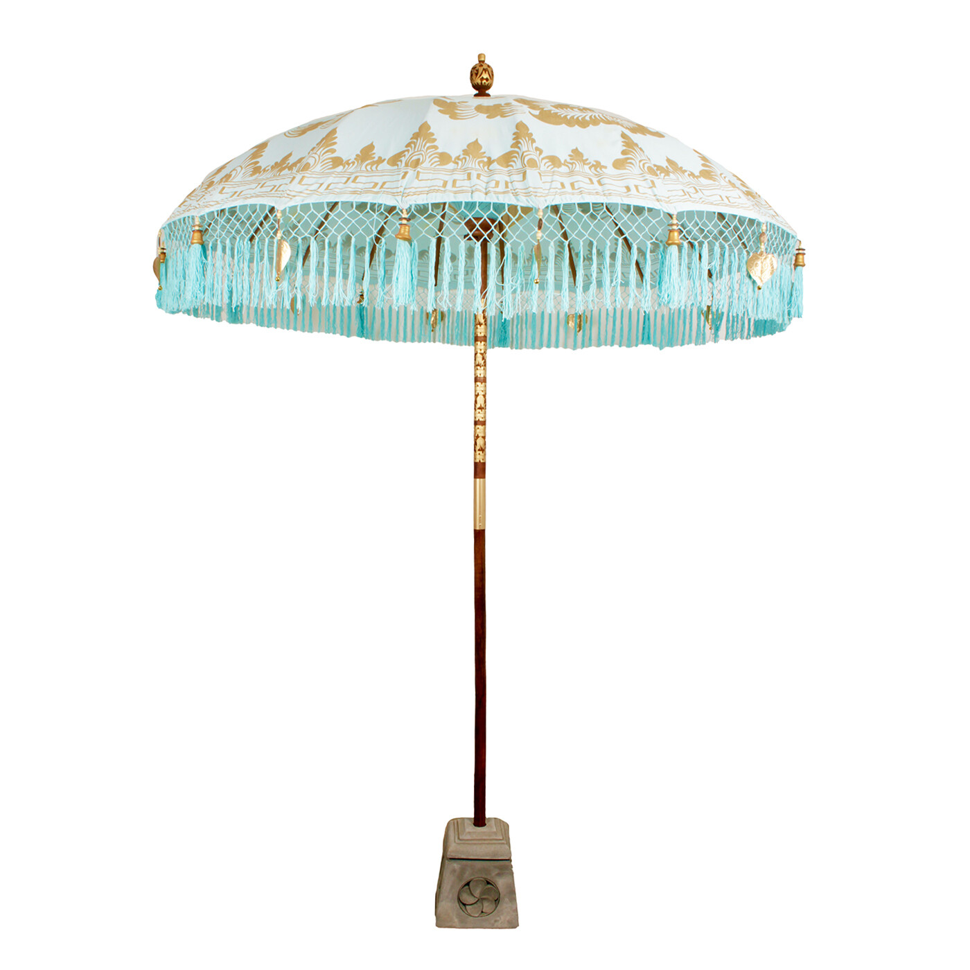 Grote Balinese parasol - Boho buiten styling -  255 x 185 cm - wit / goud / babyblue met gouden versiering