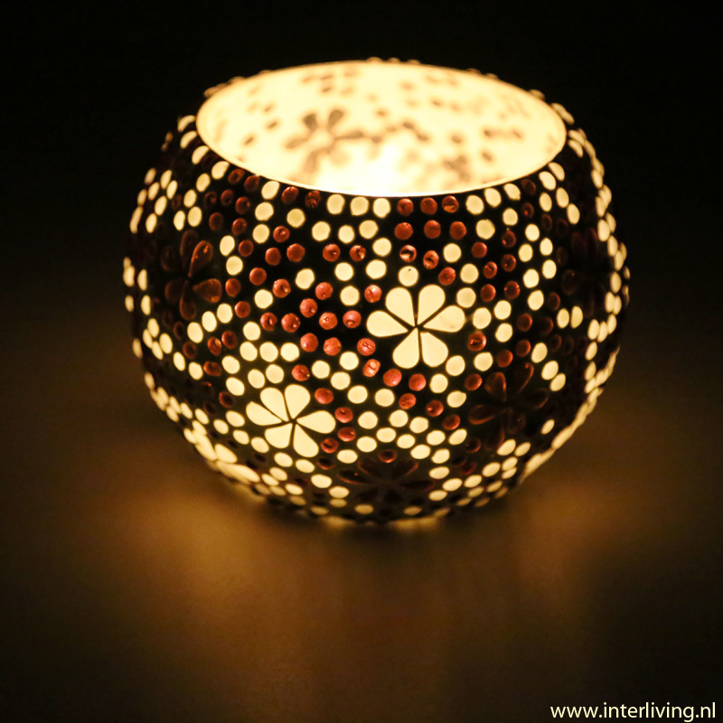 Waxinehouder zwart wit glasmozaïek met flower design