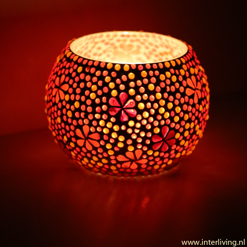 Grote Waxinehouder (15 cm) rood oranje glasmozaïek met flower design