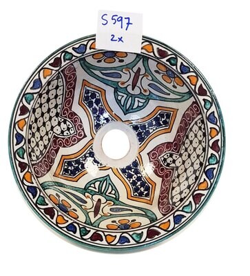 Marokkaanse waskom &quot;Ibiza&quot; -   &quot;S351&quot; - klein rond model - aardewerk (opbouw) wasbak Ø 25 cm