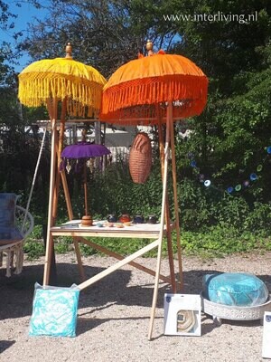 parasol Bali style handgemaakt diameter 80 cm / 250 cm hoog - versierde Balinese ronde parasols met franje rand en goud verf design. Kleur wit / geel / groen / roze / paars en oranje