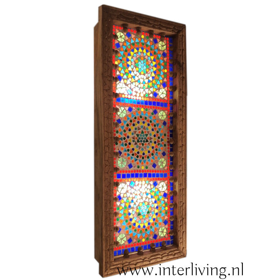 Jodhpur wandlamp van massief mangohout met 3D houtsnijwerk & glas mozaiek / multi colour - handgemaakt uit India - 60 cm